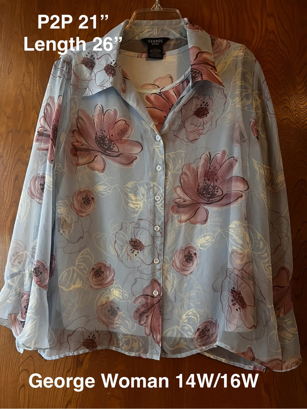 Floral Button-Front Blouse — Light Blue with Pink Floral 14W/16W